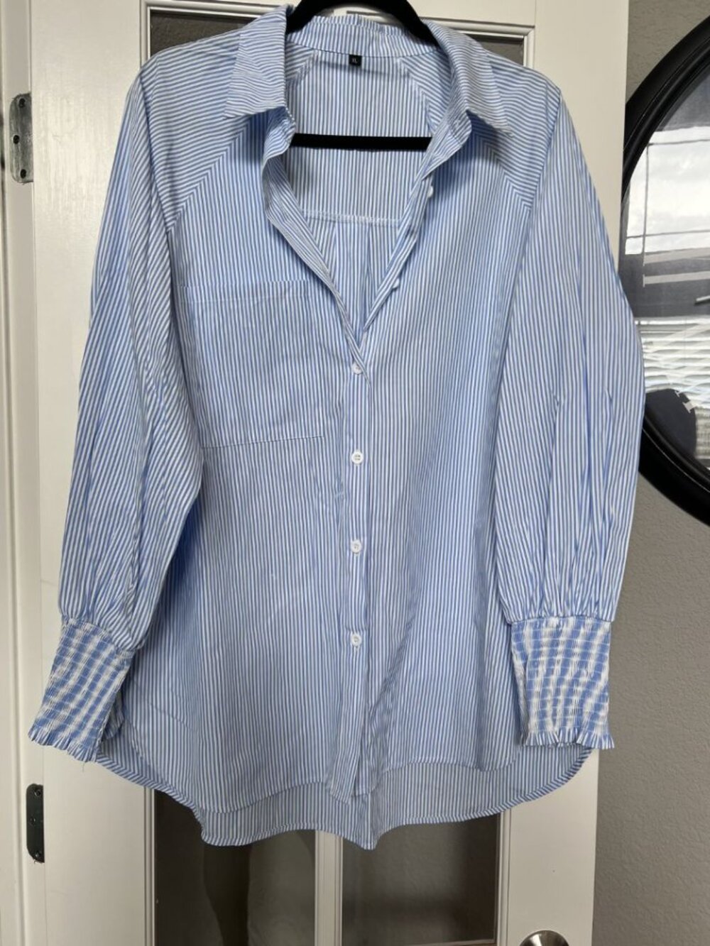 Blue & White Striped Smock Cuffed Boyfriend Shirt - Picture 2 of 5